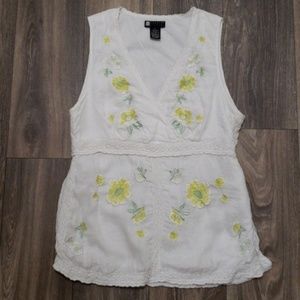 VINTAGE 90s SLEEVELESS FLORAL EMBROIDERY LINEN TOP